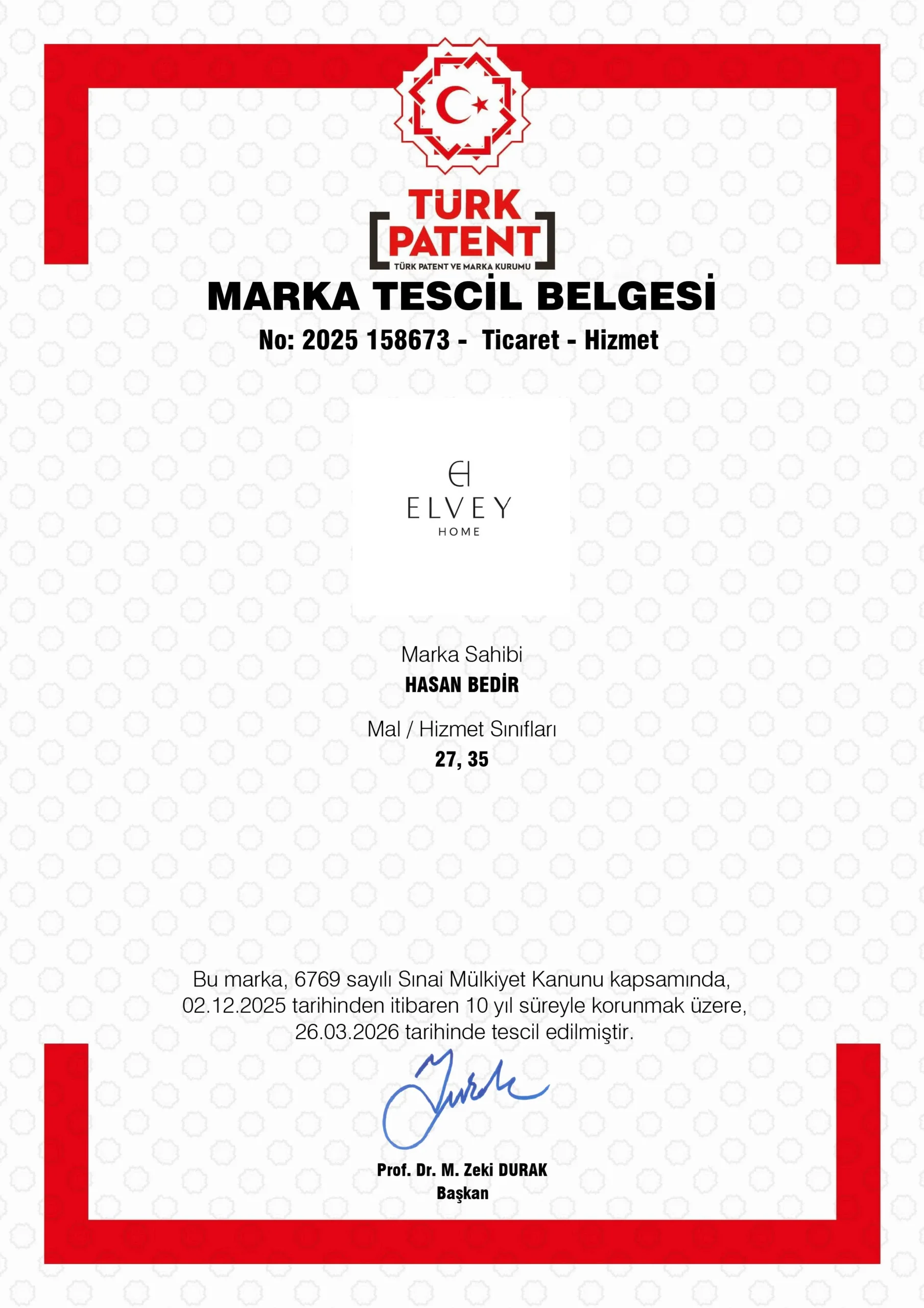 Elvey Home halı markası tescil belgesi
